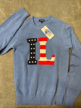 Light Blue Crewneck Sweater with Patriotic 'L'